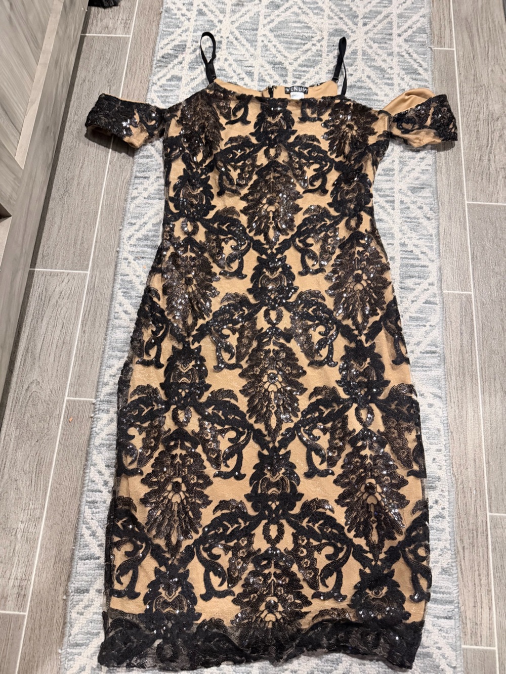 NWOT Venus Black Lace Sequin Off-Shoulder Bodycon Dress